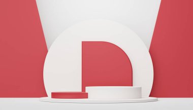 Retro modern ve çağdaş tasarımla ürün yerleştirme podyumu. Model oluşturmak ve marka göstermek için 3D görüntü oluşturuluyor. Kozmetik reklamları için kaldırım platformu.