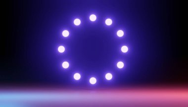 Karanlık arka planda RGB neon ışığının 3 boyutlu görüntüsü. Soyut lazer hatları geceleri görünüyor. Model ve web afişi için ultraviyole ışın sahnesi.