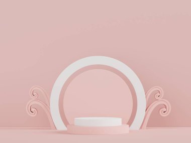 Retro modern ve çağdaş tasarımla ürün yerleştirme podyumu. Model oluşturmak ve marka göstermek için 3D görüntü oluşturuluyor. Kozmetik reklamları için kaldırım platformu.