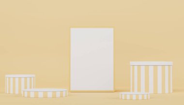 Retro modern ve çağdaş tasarımla ürün yerleştirme podyumu. Model oluşturmak ve marka göstermek için 3D görüntü oluşturuluyor. Kozmetik reklamları için kaldırım platformu.
