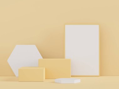 Retro modern ve çağdaş tasarımla ürün yerleştirme podyumu. Model oluşturmak ve marka göstermek için 3D görüntü oluşturuluyor. Kozmetik reklamları için kaldırım platformu.