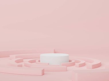 Retro modern ve çağdaş tasarımla ürün yerleştirme podyumu. Model oluşturmak ve marka göstermek için 3D görüntü oluşturuluyor. Kozmetik reklamları için kaldırım platformu.