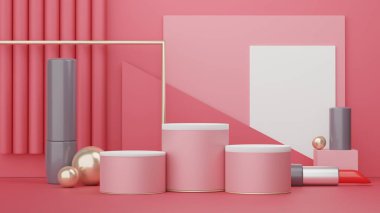 Retro modern ve çağdaş tasarımla ürün yerleştirme podyumu. Model oluşturmak ve marka göstermek için 3D görüntü oluşturuluyor. Kozmetik reklamları için kaldırım platformu.