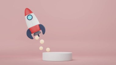 Retro modern ve çağdaş tasarımla ürün yerleştirme podyumu. Model oluşturmak ve marka göstermek için 3D görüntü oluşturuluyor. Kozmetik reklamları için kaldırım platformu.