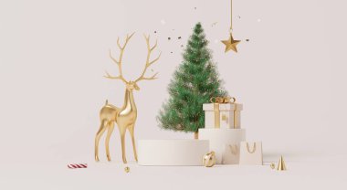 3D görüntüleme, Minimal Noel sahnesi Altın ren geyiği ağacı hediyeleri ve tatil süslemeleri