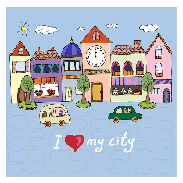 I love my city.Illustration with building and cars. — Stock Vector