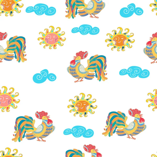 Seamless pattern with roosters and sun — Stock Vector