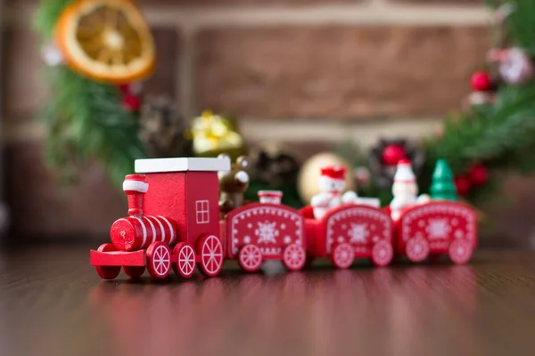 Trem Vermelho Pano Fundo Das Decorações Natal — Fotografia de Stock