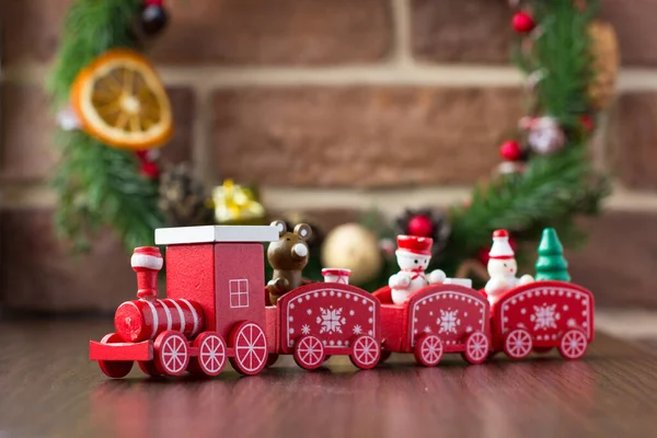 Trem Vermelho Pano Fundo Das Decorações Natal — Fotografia de Stock