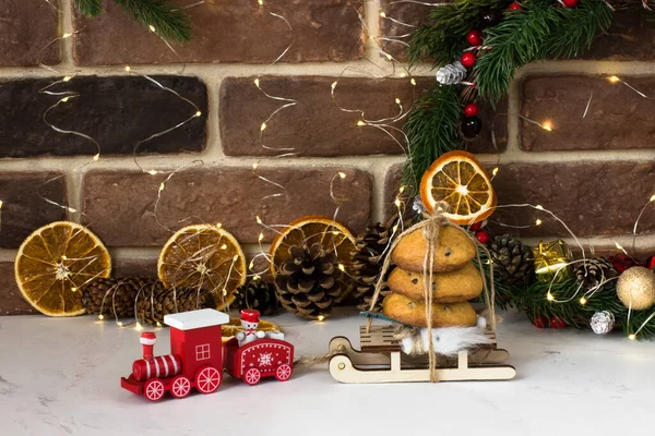 Americké Sušenky Čokoládou Saních Červenou Vánoční Lokomotivou — Stock fotografie
