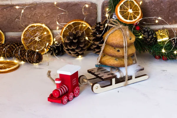 Biscoitos Natal Com Chocolate Trenós Locomotiva Vermelha — Fotografia de Stock