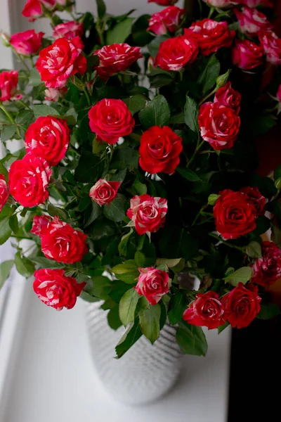 Gümüş Bir Vazoda Kırmızı Küçük Güller — Stok fotoğraf