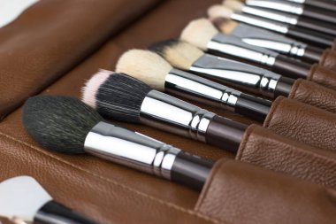 Kahverengi bir çantada makyaj fırçası. Makyaj seti