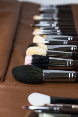 Kahverengi bir çantada makyaj fırçası. Makyaj seti