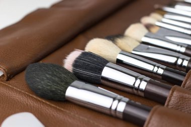 Kahverengi bir çantada makyaj fırçası. Makyaj seti