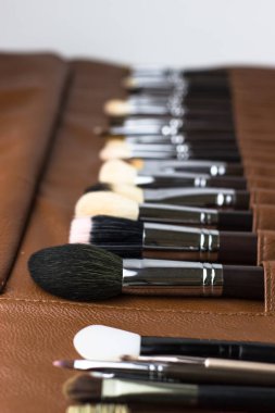 Kahverengi bir çantada makyaj fırçası. Makyaj seti