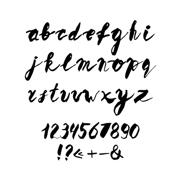 Hand geschreven alfabet met getallen en symbolen. — Stockvector