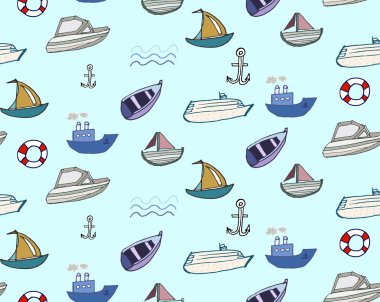 Hand-drawn doodle-style ships and boats seamless pattern vector background