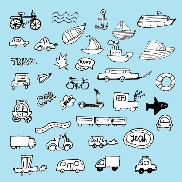 Hand-drawn doodle-style cars, ships and bicycle vector background — ストックベクタ