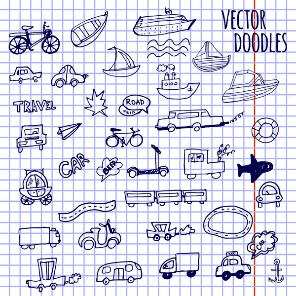 Carros desenhados à mão estilo doodle navios e fundo vetor de bicicleta Vetores De Bancos De Imagens Sem Royalties