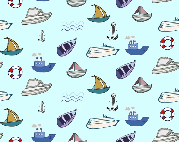 Embarcações e barcos desenhados à mão em estilo doodle sem costura fundo vetorial padrão Gráficos Vetores