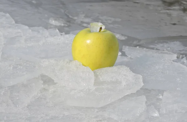 Rijpe Gele Appel Ijs Sneeuw — Stockfoto