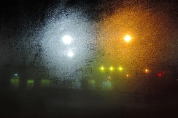 Night City Lights Illuminated Streets Fogged Small Drops Car Windshield — Stock Photo, Image