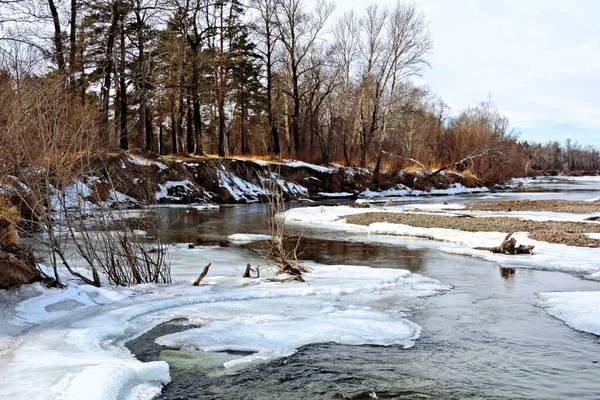 Kalter Herbst Oder Frühling Sibirische Landschaft Gefrorenes Flussufer Mit Schnee — Stockfoto