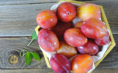 Tahta bir arka planda tahta bir kutuda bir grup erik, seçici bir odak