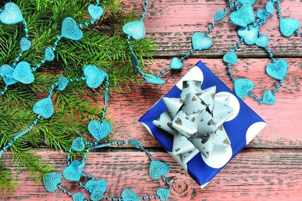 Sfondo Natale Con Decorativi Decorazioni Albero Natale Perline Blu Cuori — Foto Stock