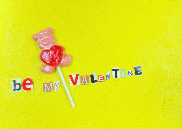 Valentine Words Made Paper Cut Letters Lollipop Bear Heart Yellow — Stock Photo, Image