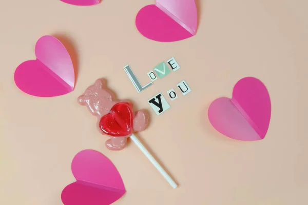 Love You Words Made Paper Cut Letters Lollipop Bear Heart — Stock Photo, Image