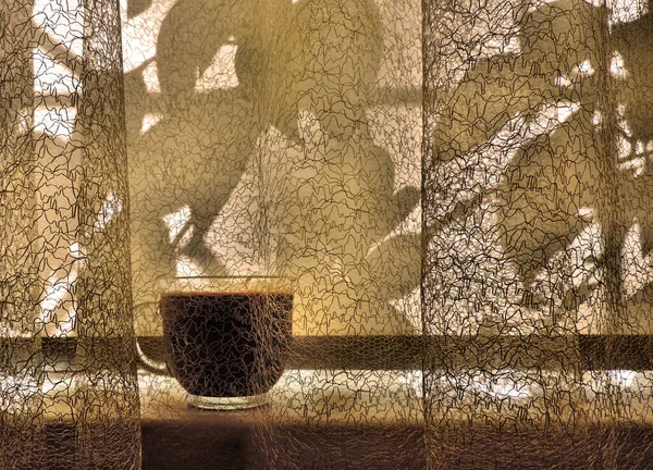 Mesh Tulle Cup Coffee Windowsill Closed Curtains Sunrise Sunset Shadows — Stock Photo, Image