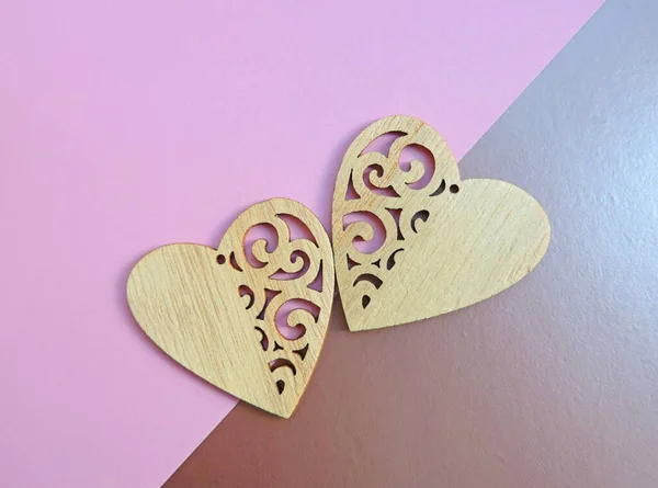 Two Wooden Hearts Placed Nicely Two Color Background Flat Lay — Stock Photo, Image