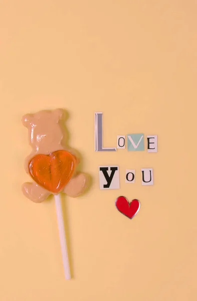 Love You Words Made Paper Cut Letters Lollipop Bear Heart — Stock Photo, Image