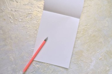 Boş not defteri ve kalem soyut arka plan kaplama macunu inci kokulu duvar yüzeyi, düz olmayan kaplama ve gümüş sarısı boya.
