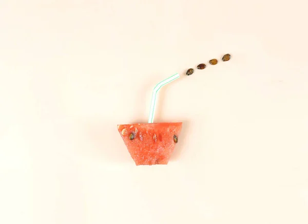 Slice Watermelon Cocktail Straw Watermelon Seeds Minimalism Food Concept — Stock Photo, Image