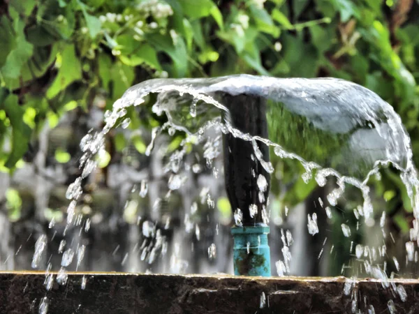 splashing fresh water from a small fountain in a summer warm sunny park on a long-awaited vacation