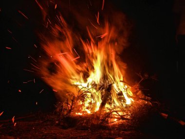 Bulanık hareket ateşi ve yoğun duman bulutları, gece ormanı korku filminin sinematik çerçevesi gibi görünüyor.