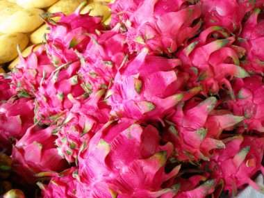 Pitaya. Tropikal meyve arka planı. Fotokopi alanının olduğu markette satılmak üzere ejderha meyvelerini kapatın..