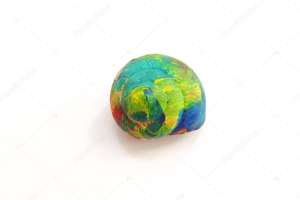 shell painted in different colors, art effect of paint spreading on a white background