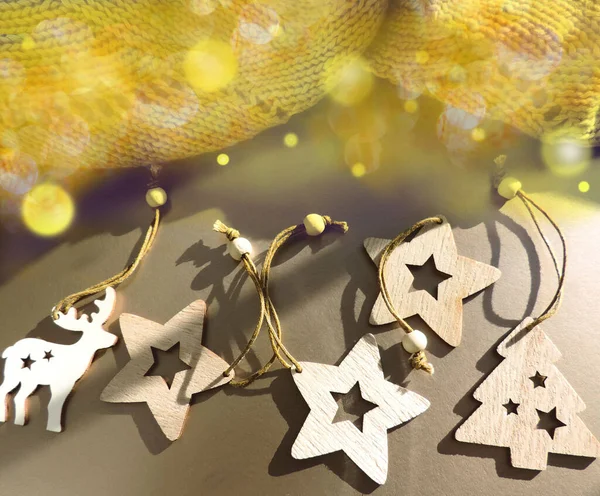 Juguetes Decotación Madera Navidad Pliegues Cuadros Tonos Beige Luz Sombra —  Fotos de Stock