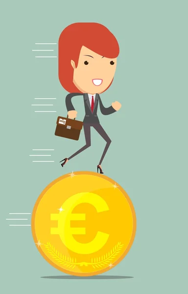 Business woman running on a euro coin — Stock Vector