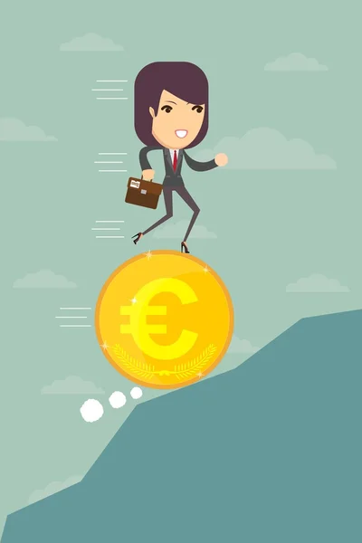 Business woman running on a euro coin — Stock Vector