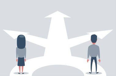 Karmaşık yeni evliler seçim, kariyer yolu veya fırsatların sembolü olarak oklar önünde bir dönüm noktasında duruyorlar, iş kavramı kararı. Vektör düz resimleme.