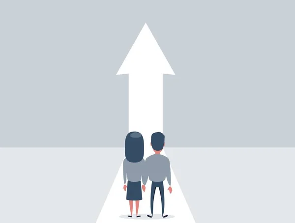 Concepto de vector de crecimiento familiar con el hombre y la mujer caminando hacia la flecha hacia arriba. Símbolo de éxito, promoción, desarrollo profesional. — Vector de stock