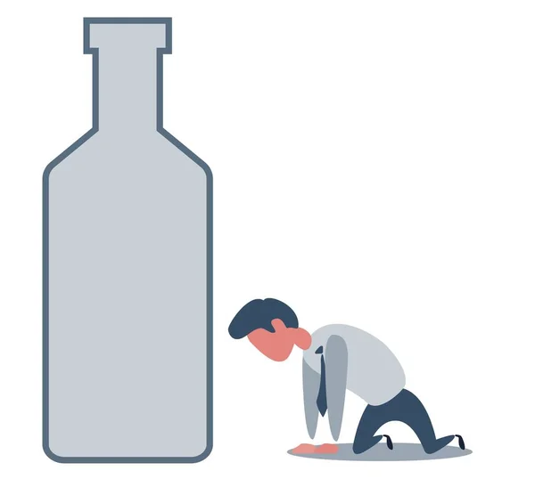 Sick drunk man on the knees beside the bottle of wine. Concept flat vector illustration of alcohol addiction. — Stock Vector