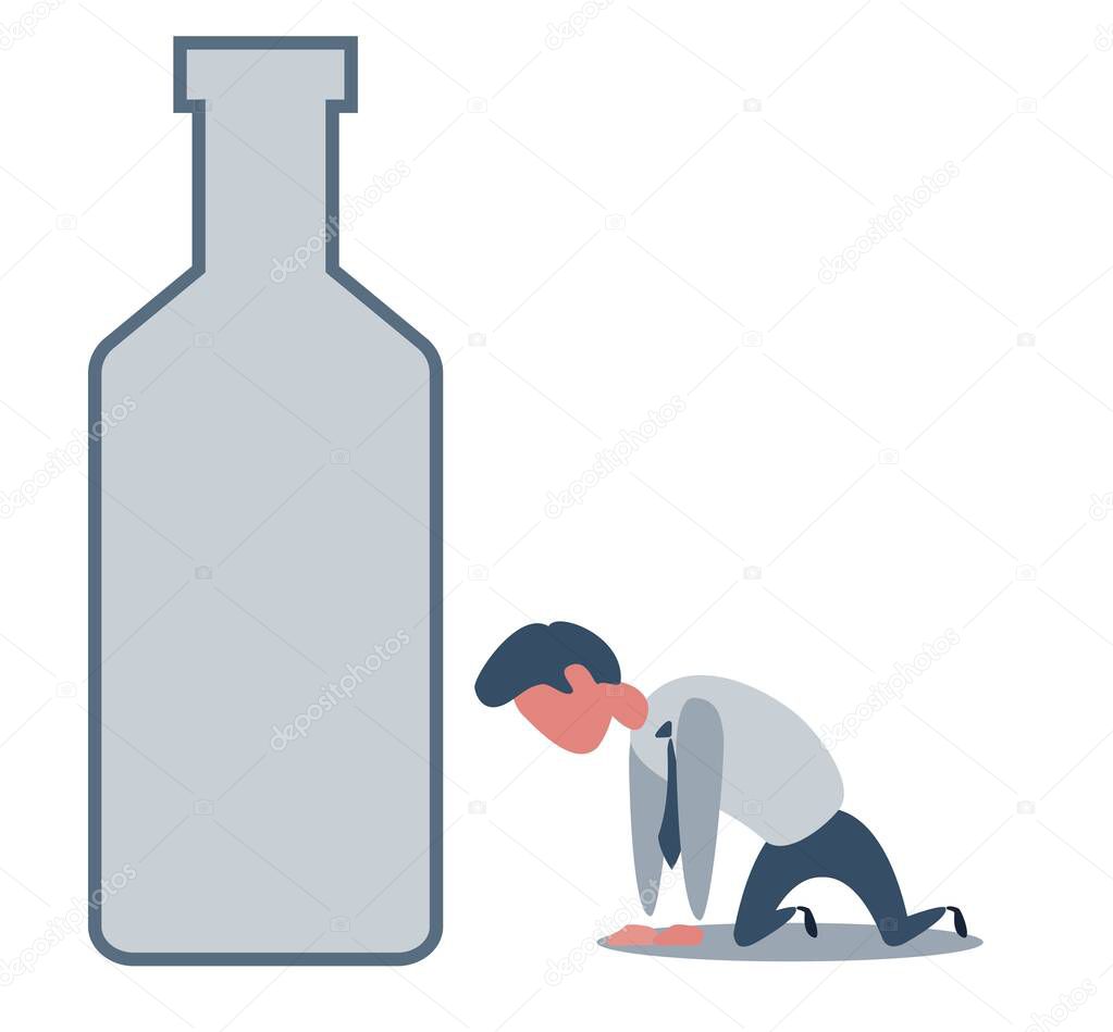 Sick drunk man on the knees beside the bottle of wine. Concept flat vector illustration of alcohol addiction.