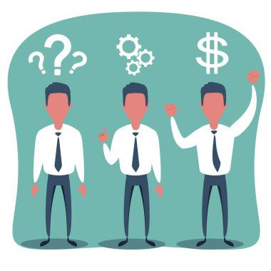 Düşünüyorum. İş adamı, iş dünyasının sorunlarını çözüyor. Çizgi film tarzında vektör illüstrasyonu