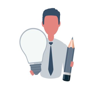 İş adamı ya da kâtip. Nesnelerle basit moda erkek karakter, düz vektör illüstrasyonu. İş konsepti. Arkaplanda izole.